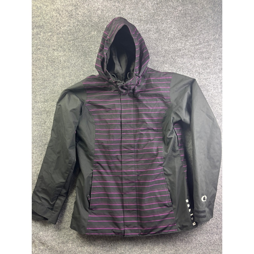 Oakley Ski Jacket Womens Large Black Purple Striped Hooded Snowboard Coat